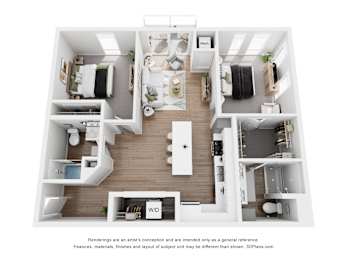 A 3D floor plan of a house with a kitchen, living room, and bathrooms.
