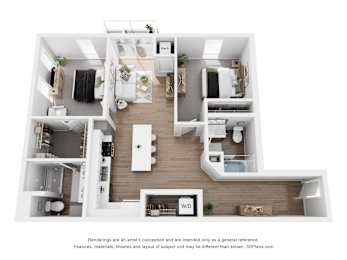 A 3D floor plan of a small apartment with a kitchen, living room, and bathroom.