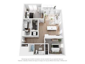A floor plan of a small apartment with a kitchen, living room, and two bedrooms.