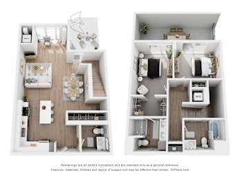 Two floor plan images of a house with a kitchen, living room, bedrooms and bathrooms.