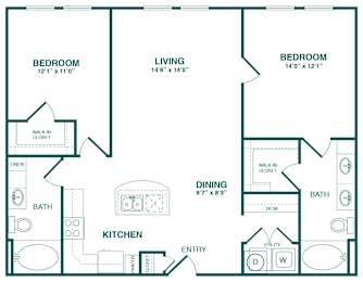 A floor plan of a home with two bedrooms, a living room, a dining room, a kitchen, a bathroom, and a pantry.