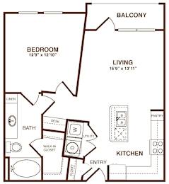 A floor plan of a home with a bedroom, living room, kitchen, and bathroom.