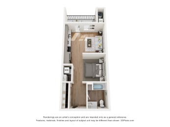 a stylized floor plan with a bedroom and a bathroom
