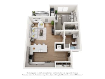 a stylized floor plan with a bedroom and a living room