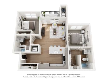 a stylized floor plan of a 2 bedroom and 2 bath apartment