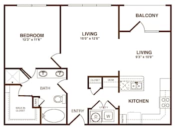 A floor plan of a home with a bedroom, bathroom, two living areas, a kitchen, and an entry.