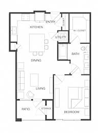 A floor plan of a house with labeled rooms such as kitchen, living room, and bathroom.