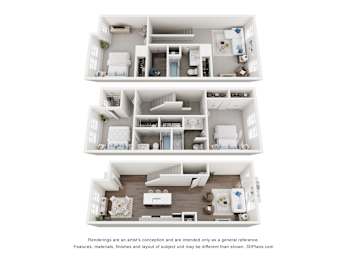 3 bedroom, 3.5 bathroom townhome floorplan at The Maple in Raleigh, NC showing all three levels combined, featuring open-concept living, modern kitchen, private bedrooms, and spacious layout.