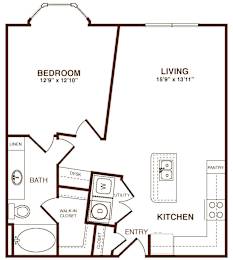 A black and white floor plan of a small apartment with a bedroom, living room, kitchen, and bathroom.