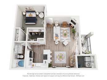 A 3D floor plan of a small apartment with a kitchen, living room, and bathroom.