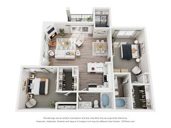 A floor plan of a house with a kitchen, living room, dining room, and bathrooms.
