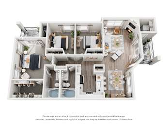 A 3D floor plan of a house with a kitchen, living room, and bathrooms.