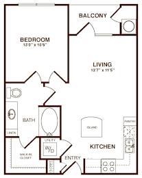 A floor plan of a small apartment with a bedroom, living room, kitchen, and bathroom.