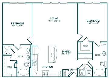 A floor plan of a home with two bedrooms, a living room, a dining room, a kitchen, a bathroom, a walk-in closet, and an entry.