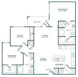 A floor plan of a house with a study, two bedrooms, a living room, a dining area, a kitchen, and a balcony.
