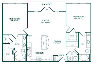 A floor plan of a home with two bedrooms, a living area, a dining area, a kitchen, two bathrooms, and an entry.