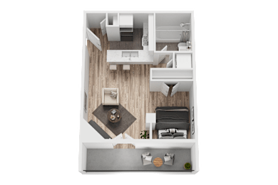 A top-down view of a small, neatly organized apartment with a kitchen, living room, and bedroom.