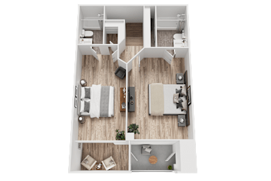 A top-down view of a small apartment with a kitchen, living room, and bathroom.
