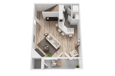 A top-down view of a small apartment with a kitchen, living room, and bathroom.