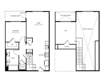 A floor plan of a two-story home with a living room, bedroom, bathroom, and kitchen.