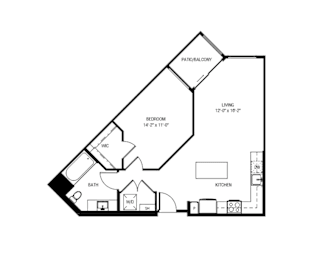 A floor plan of a house with a living room, bedroom, bathroom, kitchen, and a patio/balcony.