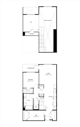 A floor plan of a house with a garage and a second floor with a bedroom and bathroom.