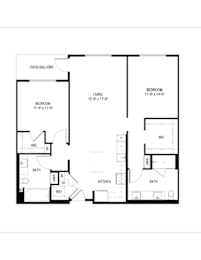 A floor plan of a home with two bedrooms, a living room, a kitchen, a bathroom, and a patio/balcony.