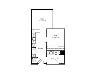 A floor plan of a house with a living room, a kitchen, a bathroom and a flex space.