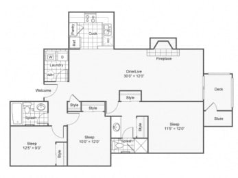 3 bed 2 bath 1119 square feet floor plan