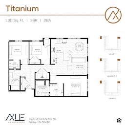 A floor plan for a Titanium apartment shows four levels with various rooms and measurements.