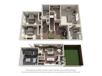 A 3D floor plan of a house with a garage and a backyard.