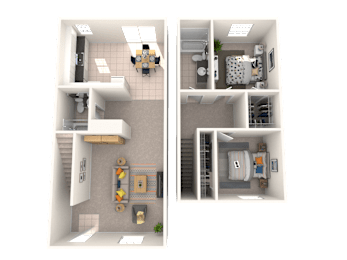 A 3D floor plan of a small apartment with two bedrooms and a living area.