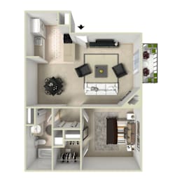 A floor plan of a small apartment with a kitchen, living room, and bathroom.