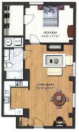 A floor plan of a small apartment with a bedroom and living room.