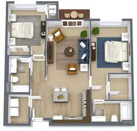 A floor plan of a house with a kitchen, living room, and two bedrooms.