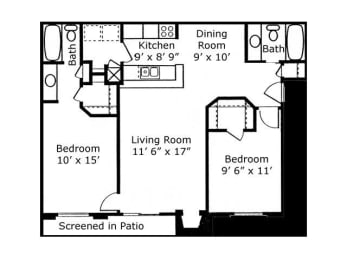 2 Bed - 2 Bath |900 sq ft floorplan