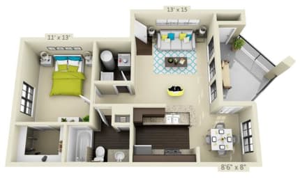 a 1 bedroom floor plan with a bathroom and a balcony
