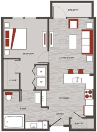 a floor plan of a home with red and white accents