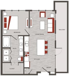 a floor plan of a home with red and white accents