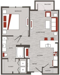 a floor plan of a home with red and white accents