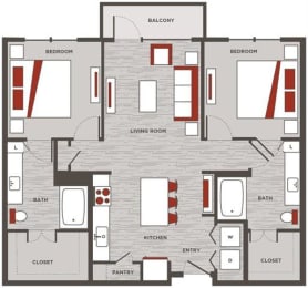 a floor plan of a home with red and white accents