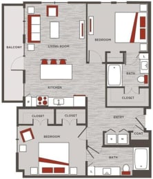 a floor plan of a house with red and white accents