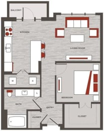 a floor plan of a building with red and white accents