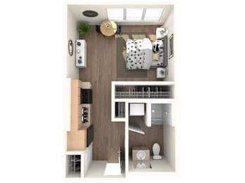 A 3D floor plan of a small apartment with a kitchen, living room, and bathroom.
