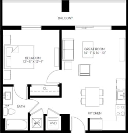 1 Bed 1 Bath 646 square feet floor plan A