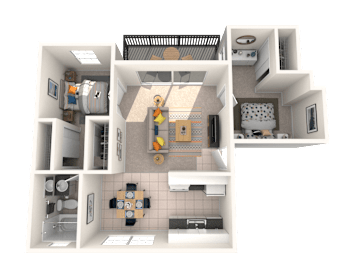 A 3D floor plan of a small apartment with a kitchen, living room, and bathroom.