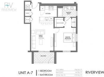 1 Bed - 1 Bath |706 sq ft floorplan