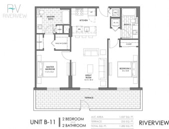 2 Bed - 2 Bath |1027 sq ft floorplan