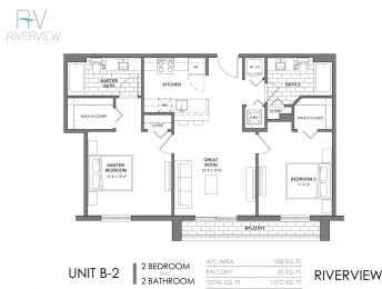 2 Bed - 2 Bath |958 sq ft floorplan