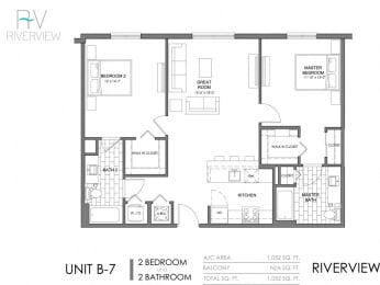 2 Bed - 2 Bath |1052 sq ft floorplan
